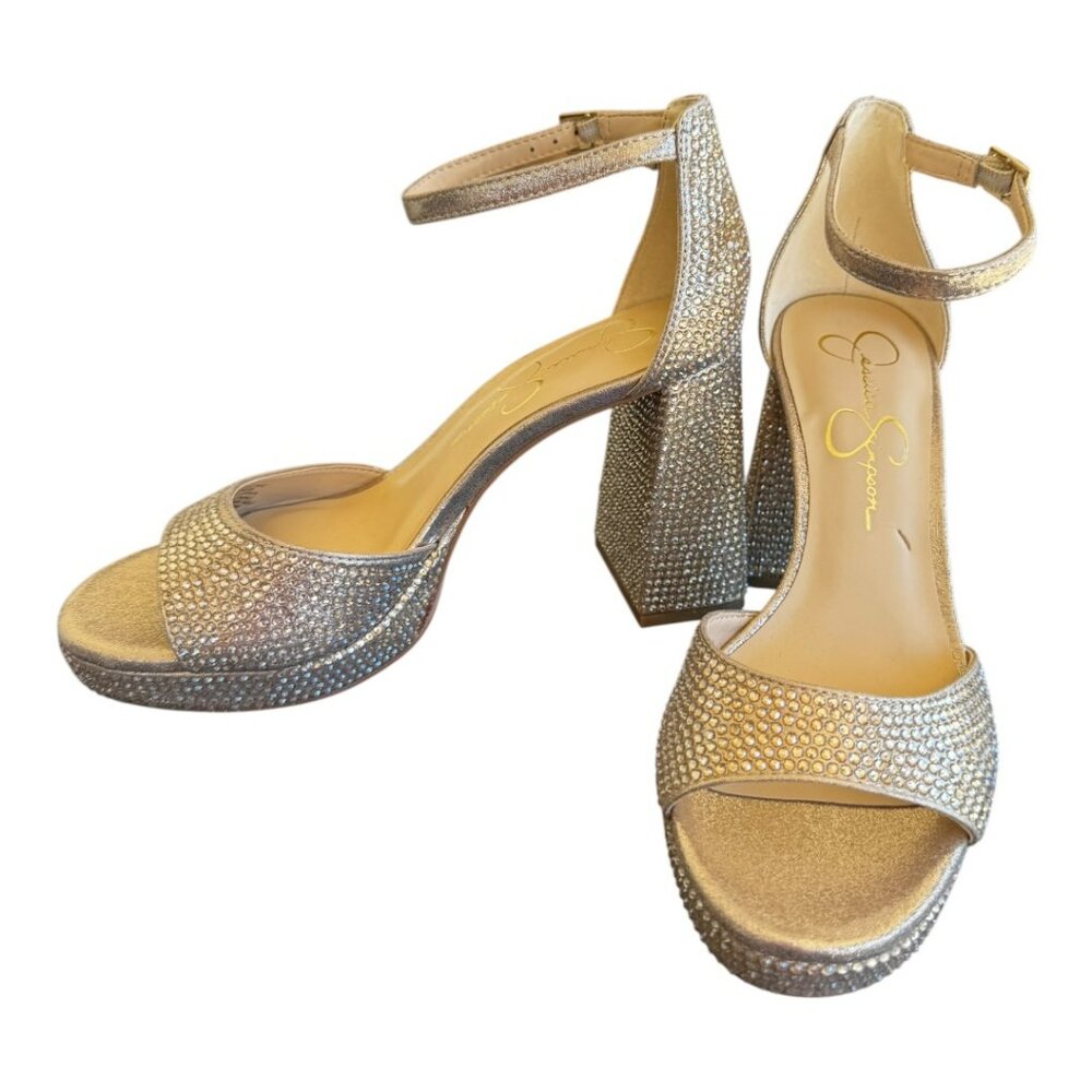 NWT Jessica Simpson Gold Sparkling Embellished Chunky Heel Sandals Sizes: Multi - Picture 2 of 11